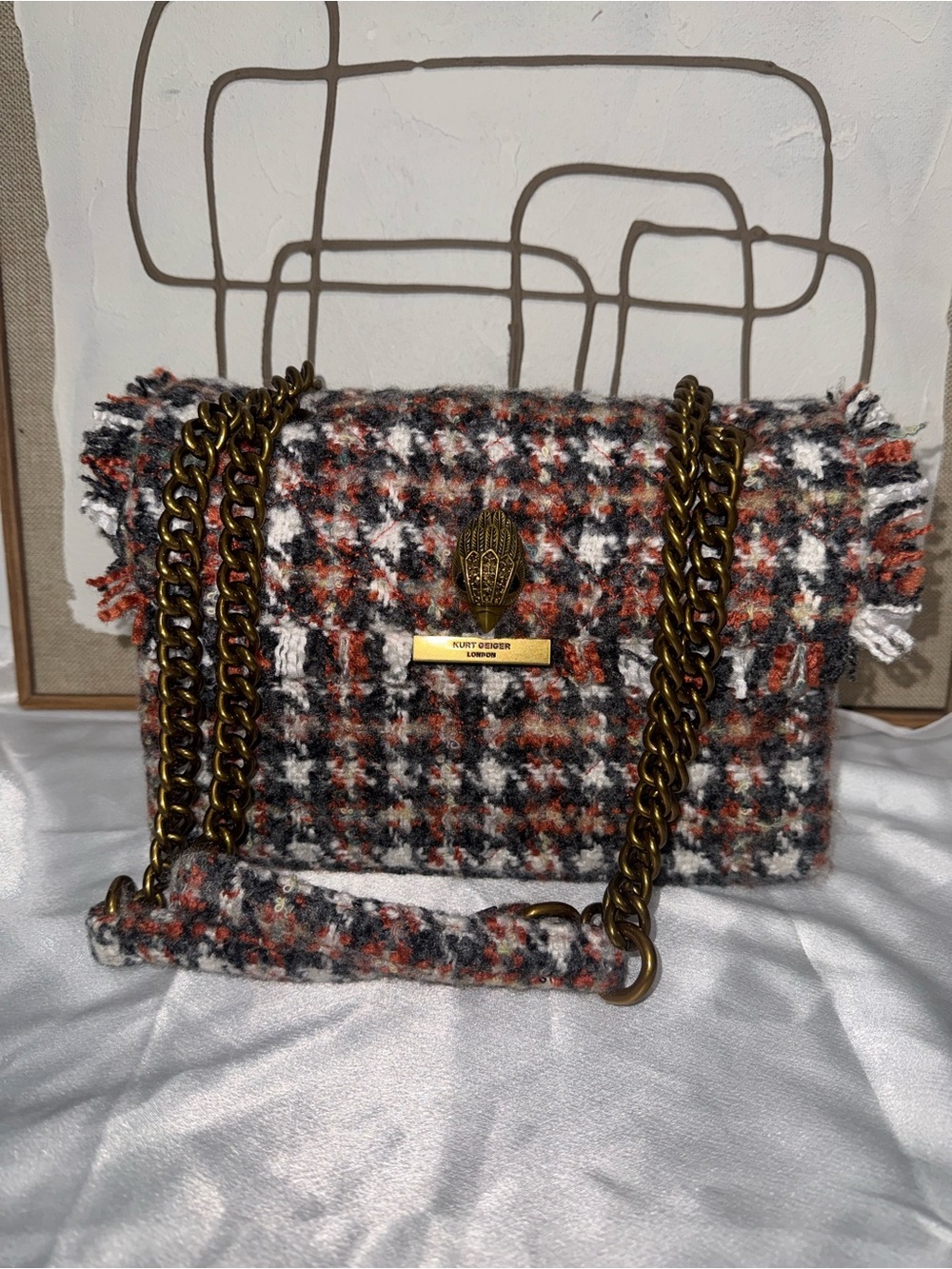 Kurt Geiger Tweed Shoulder Bag in Black, White & Rust Plaid